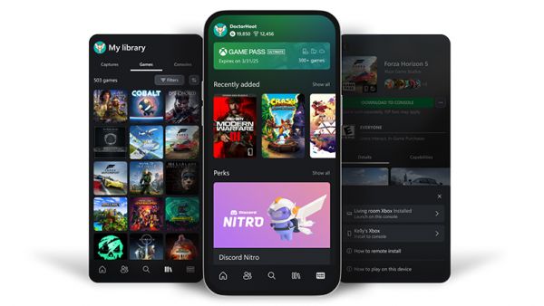 三支行動電話顯示 Xbox 流動裝置應用程式使用者介面的範例