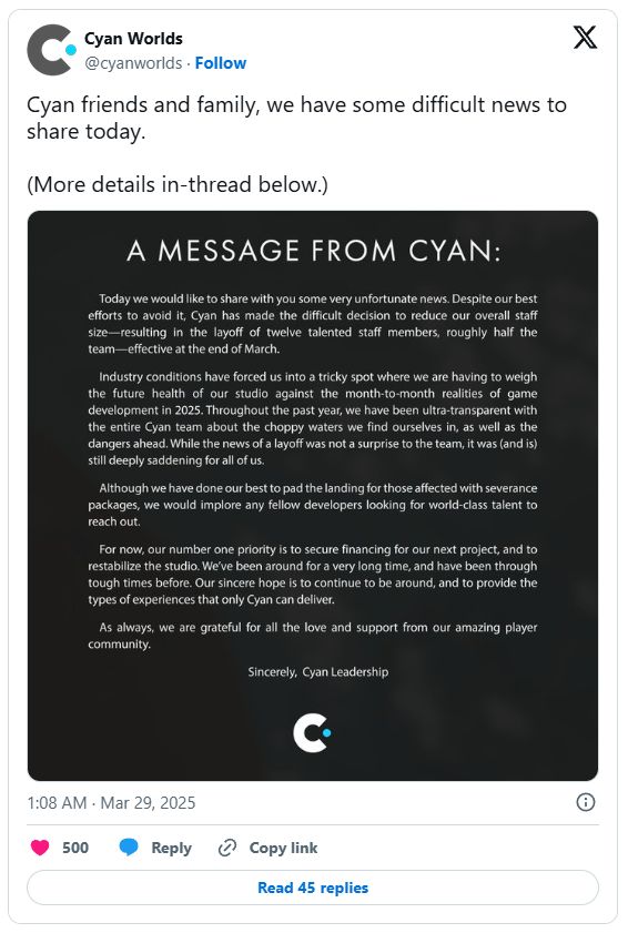 游戏开发公司Cyan Worlds因行业压力裁员一半员工