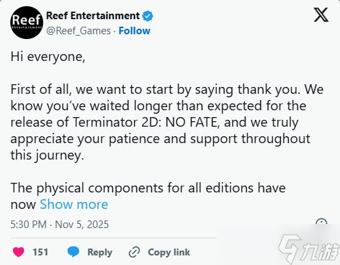 《终结者2D:NO FATE》确认推迟2025年12月12日上线