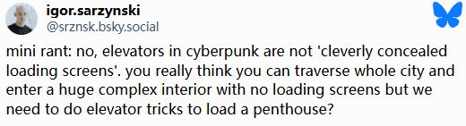 《赛博朋克2077》开发者澄清：电梯并非加载画面遮罩